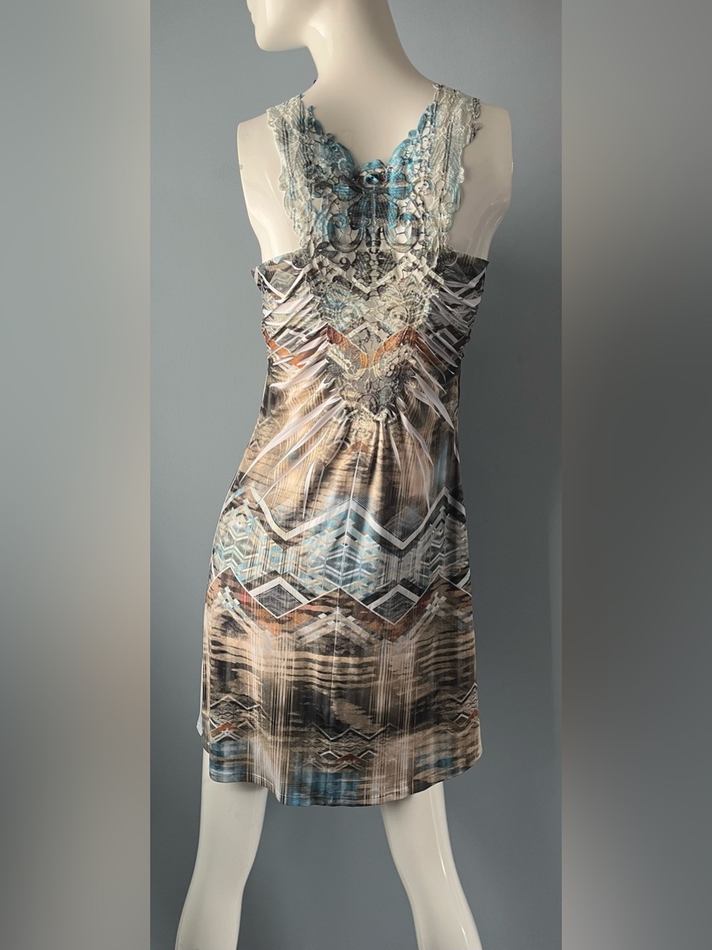 Panhandle Slim Blue Gold & White Lace Gems V-Neck Western Dress Size M